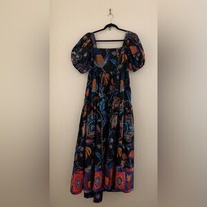 Farm Rio Sunset Tapestry Black Puff-Sleeve Maxi Dress Size Large